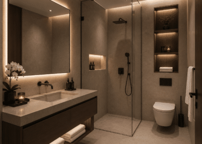 Deluxe Room luxury bathroom with rain shower ambient lighting and elegant marble finishes at Hotel Relax