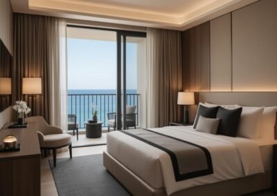 Deluxe Room with ocean view king bed bespoke furnishings and panoramic balcony at Hotel Relax
