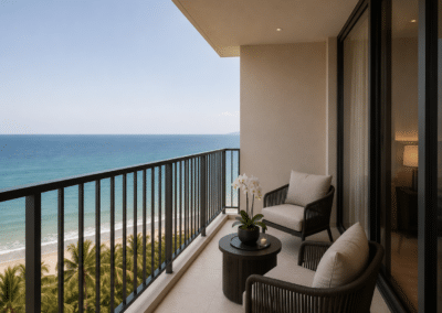 Deluxe Room panoramic balcony with ocean view and outdoor seating at Hotel Relax