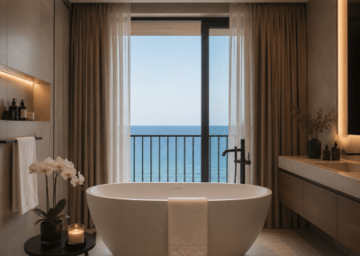 Deluxe Room freestanding soaking tub with ocean view and ambient lighting at Hotel Relax