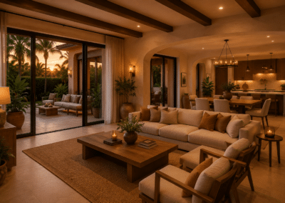 Garden Villa spacious interior with open living area natural materials and tropical garden views at sunset at Hotel Relax
