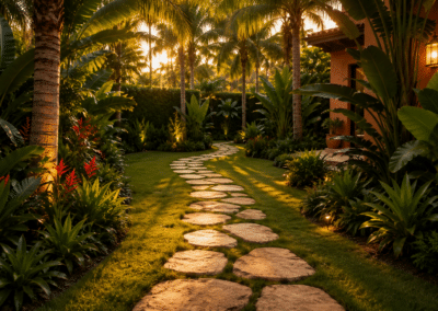 Garden Villa tropical garden path with stone stepping stones and lush greenery at sunset at Hotel Relax
