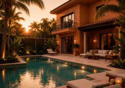 Garden Villa private plunge pool with outdoor lounge and tropical gardens at sunset at Hotel Relax