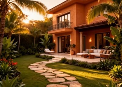 Garden Villa private retreat surrounded by tropical gardens with outdoor living area at sunset at Hotel Relax
