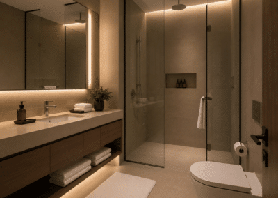 Superior Suite luxury bathroom with rain shower and warm ambient lighting at Hotel Relax