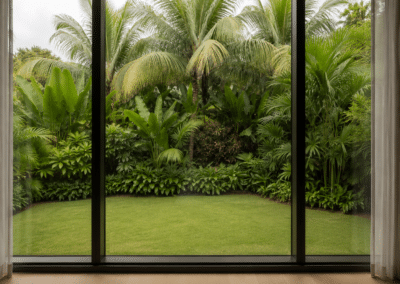 Superior Suite garden view with lush tropical greenery and palm trees at Hotel Relax