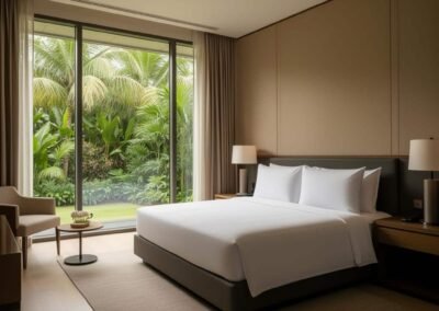 Superior Suite hotel room with garden view king bed and private terrace surrounded by tropical greenery