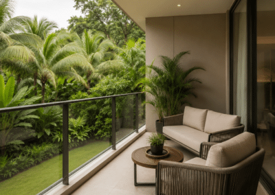 Superior Suite private terrace with outdoor seating overlooking tropical gardens at Hotel Relax